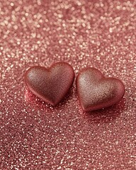 Fototapeta premium Two Hearts On Pink Glitter In Shiny Background Valentines Day Concept , Background With Sparkles 