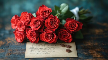 Red roses bouquet, vintage letter, wood, romantic, love, background,  still life, Valentine's