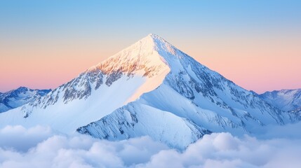 Complexity structure and sophisticated, A majestic snow-covered mountain peak rises above a sea of clouds under a pastel sky at dawn.