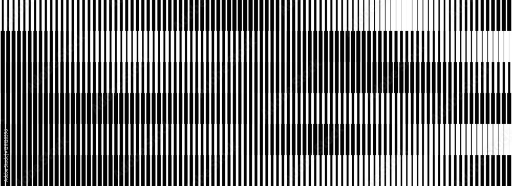 Poster Black and white striped halftone gradient. Fading line gradation background. Repeating linear pattern backdrop. Parallel lines wallpaper for overlay, print, cover. Vector Doppler effect strip concept