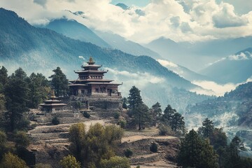 Mountain Monastery Scenic View Travel Poster © Alfariha