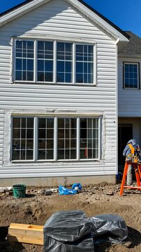 Construction workers installing windows on a residential house in a suburban neighborhood during sunny daytime