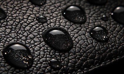 A close-up of water droplets on black leather, highlighting the texture and reflective surface of each drop