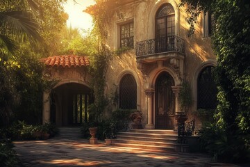 Fototapeta premium Sunlit Mediterranean villa, lush garden