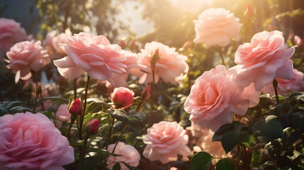 Fototapeta premium Beautiful Pink Roses in a Garden, bathed in Sunlight