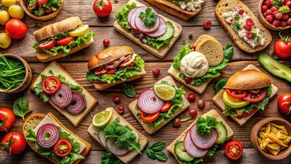 A delightful assortment of vibrant vegetable sandwiches and open-faced toasts, artfully arranged on a rustic wooden surface, showcasing a colorful and healthy meal