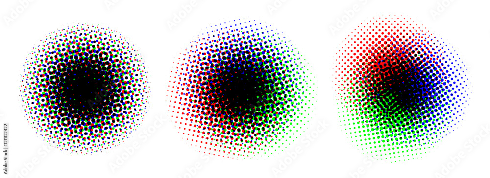 Aufkleber halftone round background set. rgb color dotted half tone shapes. grunge ink press splash stains and
