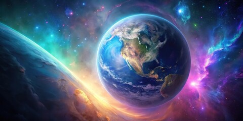 Obraz premium A Vibrant Celestial Sphere with a Planet and Nebulae Displaying a Cosmic Dance of Light and Color