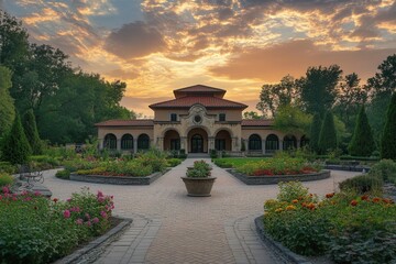 Fototapeta premium Sunrise garden villa, tranquil park