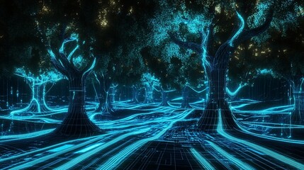 Glowing digital forest path, futuristic landscape, night scene, technology concept, data visualization
