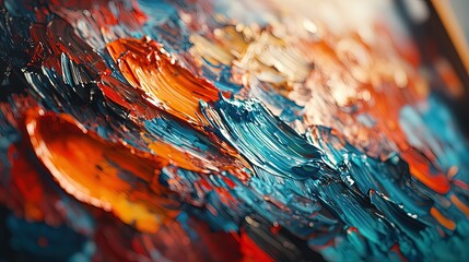 Close-up view of vibrant, textured oil paint strokes in red, orange, blue, and gold hues.