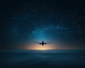 Naklejka premium A silhouette of an airplane flies towards a starry night sky above calm waters, creating a serene and mysterious atmosphere.
