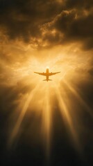 Naklejka premium A silhouette of an airplane flies through golden rays of light piercing dark clouds, creating a dramatic and uplifting scene.