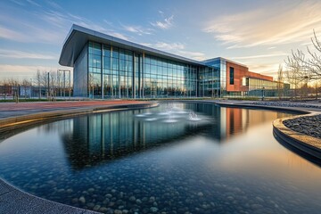Modern office sunset reflection pond