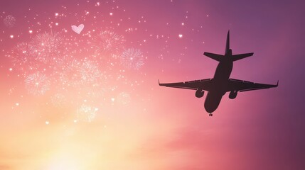 Naklejka premium A silhouette of an airplane flying against a vibrant pink and purple sky, adorned with sparkling stars and hearts, evoking a sense of adventure and romance.