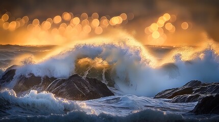 Fototapeta premium Dramatic ocean wave crashing on rocks at sunset with bokeh effect.