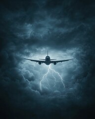 Naklejka premium A dramatic image of an airplane flying through a stormy sky, illuminated by lightning, creating a sense of adventure and tension.