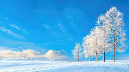 Frosty trees on snow-covered field, winter landscape, serene sky