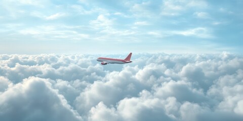 Fototapeta premium A plane soars above fluffy clouds under a bright blue sky, capturing the beauty of flight and the vastness of the atmosphere.