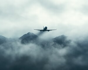 An airplane is flying through cloudy skies, emerging from the mist over a mountainous landscape.