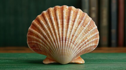 Intricate Scallop Shell on Dark Green Surface