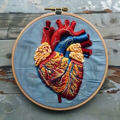 Naklejka premium Anatomical heart embroidery artwork in vibrant red and blue colors on gray fabric background, displayed in wooden embroidery hoop. Perfect for medical education, craft inspiration or anatomical art.