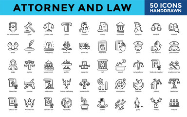 Attorney and Law icons set with law enforcement, gavel, justice scale, pillars, freedom, stamp, courtroom, footprint, handcuff, research icon. Simple handdrawn vector 
