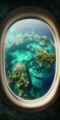 Fototapeta premium Aerial view of vibrant turquoise waters and lush green islands seen through an airplane window.