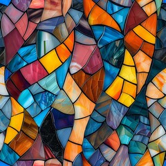 Fototapeta premium Vibrant stained glass mosaic pattern with curved shapes in blue, orange, yellow and red creates dynamic abstract background perfect for modern design projects and artistic layouts.