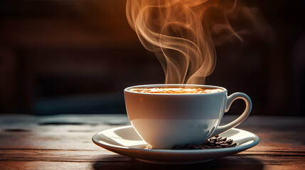 Fototapeta premium A steaming cup of coffee, emphasizing the sensory pleasure of a freshly brewed drink.