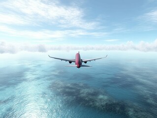 Naklejka premium A vibrant pink airplane soars above a serene ocean, surrounded by fluffy clouds and a clear blue sky, creating a tranquil travel scene.