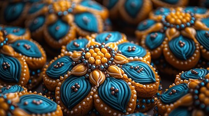 Fototapeta premium Intricate Teal and Gold Floral Embellishments: Close-Up View of Handmade Decorative Elements