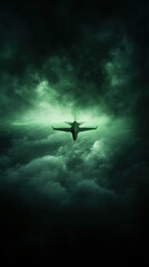 Fototapeta premium A dark, atmospheric image featuring an aircraft soaring through ominous green clouds, evoking a sense of mystery and adventure.