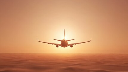Obraz premium A silhouette of an airplane flying towards a vibrant sunset, creating a serene and picturesque travel scene above the clouds.