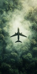 Fototapeta premium An aircraft flies over a dense forest, partially obscured by mist, showcasing a serene contrast between technology and nature.