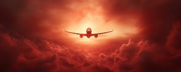 Naklejka premium A dramatic sunset scene featuring an airplane flying through vibrant red and orange clouds.