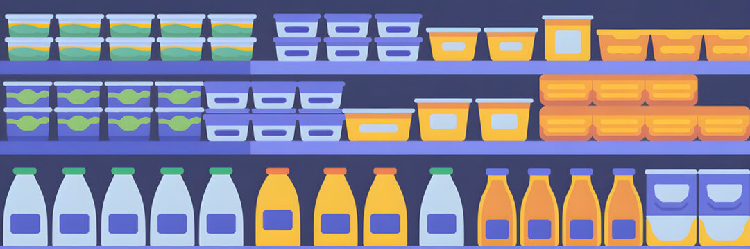 Illustration of refrigerated dairy milk butter juice section in food market grocery store