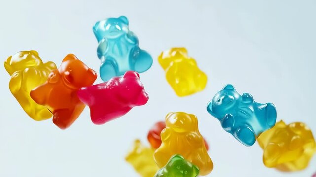 Colorful gummy bears falling in slow motion with soft blue background