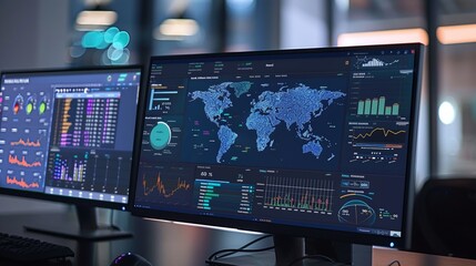 Real time interactive global data analytics dashboard with world map visualization financial charts and various data metrics and statistics for business intelligence and strategic decision making