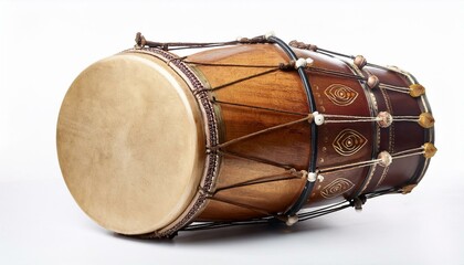 Ornate double sided barrel drum, rich wood tones, detailed craftsmanship.