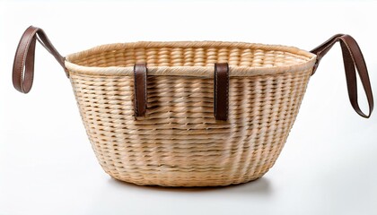 Obraz premium A light beige woven basket with brown leather handles sits on a white background.