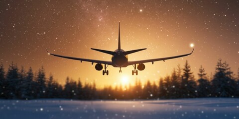 Obraz premium A silhouette of an airplane flying towards a glowing sunset, framed by snow-covered trees and falling snowflakes.
