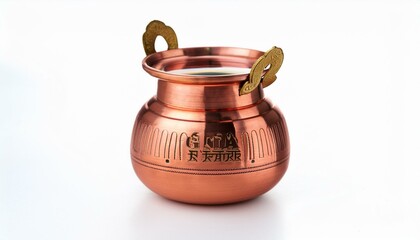 Ornate copper pot with gold accents, isolated on white.