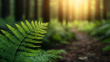 Lush fern in a sunlit forest path creates a serene atmosphere.