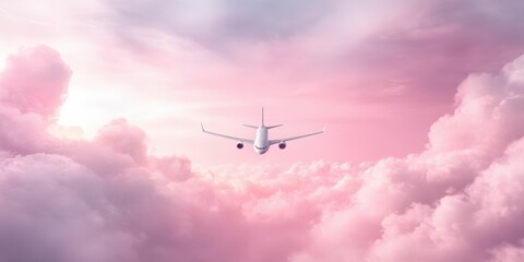 Naklejka premium A serene airplane glides through a dreamy pink-hued sky filled with soft clouds, capturing a tranquil moment in flight.