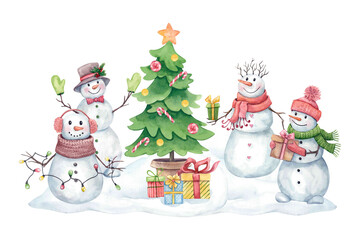 Merry snowmen in scarves and hats by the Christmas tree. Watercolor illustration drawn by hand.