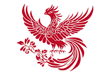 Obraz premium Crimson Phoenix: A stylized crimson phoenix with intricate details and a majestic spread of wings, perched gracefully on a leafy branch, symbolizing rebirth, resilience, and eternal hope.