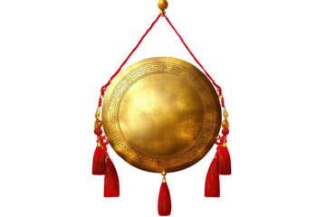 Golden Gong with Red Tassels: An ornate golden gong hangs elegantly, adorned with rich red tassels, creating a visually striking image that evokes a sense of serenity and tradition. 