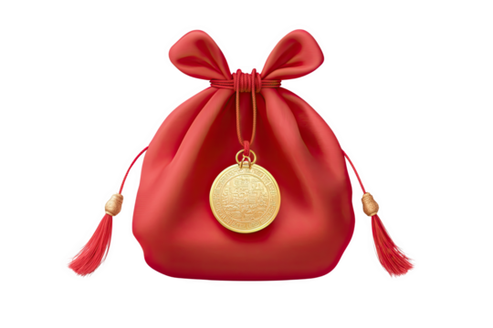 Red Lucky Bag: A vibrant red lucky bag tied with a golden tassel, adorned with a golden coin charm, symbolizes good fortune, prosperity, and auspiciousness in Asian cultures.