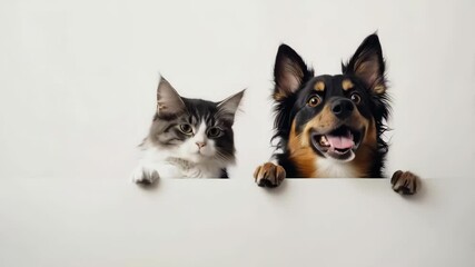Curious cat and energetic dog peering over white surface in playful interaction
